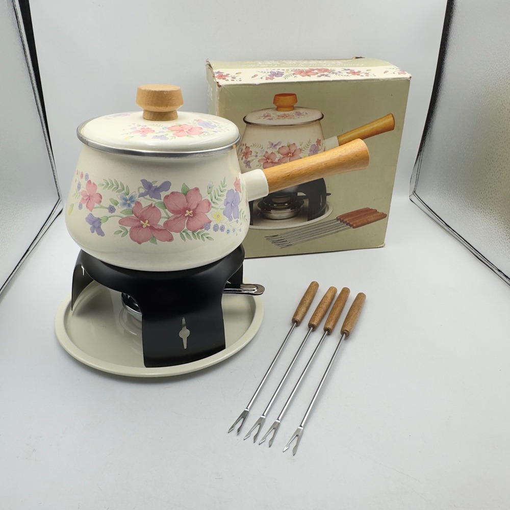 Vtg  Floral Enamel Fondue Set with Wood Handles Stand and 4 Forks Cream 70s Box